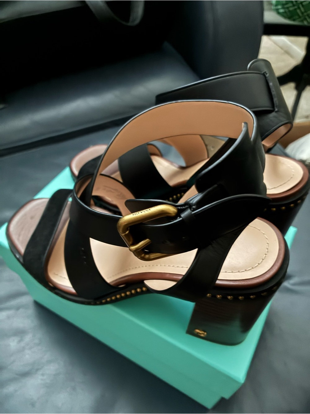 Coach Black Studded Platform Heel Sandals with Buckle Strap - Picture 5 of 6